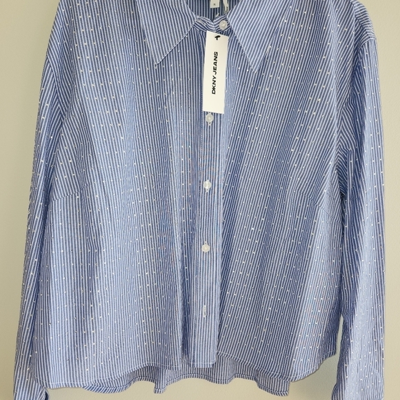 NWT D K N Y Blue Striped Shirt Covered in  Mini sequins - Picture 1 of 5